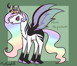 Size: 1750x1500 | Tagged: safe, artist:misskanabelle, imported from derpibooru, oc, oc only, oc:nova nightshade, alicorn, changepony, hybrid, pony, abstract background, alicorn oc, female, horn, jewelry, magical lesbian spawn, mare, multicolored hair, offspring, parent:princess celestia, parent:queen chrysalis, parents:chryslestia, rainbow hair, signature, solo, tiara, wings