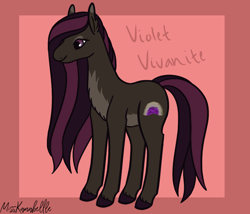 Size: 1750x1500 | Tagged: safe, artist:misskanabelle, imported from derpibooru, oc, oc only, oc:violet vivanite, earth pony, pony, abstract background, colored hooves, earth pony oc, female, mare, offspring, parent:maud pie, parent:mud briar, parents:maudbriar, signature, solo