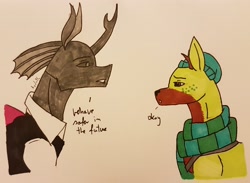 Size: 2778x2034 | Tagged: safe, artist:agdapl, imported from derpibooru, changeling, deer, reindeer, changelingified, clothes, crossover, dialogue, duo, high res, scarf, scout, signature, species swap, spy, team fortress 2, traditional art