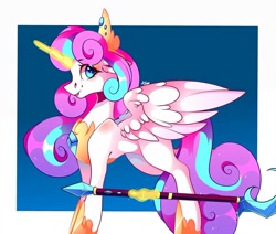 Size: 1080x915 | Tagged: safe, artist:tessa_key_, imported from derpibooru, princess flurry heart, alicorn, pony, abstract background, crown, female, glowing horn, hoof shoes, horn, jewelry, magic, mare, older, older flurry heart, peytral, regalia, scepter, smiling, solo, telekinesis, tiara