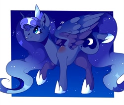 Size: 1080x915 | Tagged: safe, artist:tessa_key_, imported from derpibooru, princess luna, alicorn, pony, cute, ear fluff, ethereal mane, female, hoof shoes, horn, jewelry, lunabetes, mare, raised hoof, smiling, starry mane, tiara, wings