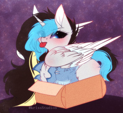 Size: 3614x3327 | Tagged: safe, artist:krissstudios, imported from derpibooru, oc, oc only, oc:kala, alicorn, pony, box, female, high res, mare, pony in a box, solo, tongue out