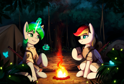 Size: 1461x992 | Tagged: safe, artist:mrscroup, imported from derpibooru, oc, oc:anja snow, oc:sparky, oc:sparky starfall, bat pony, unicorn, bonfire, fire, food, night, tea