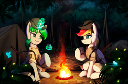 Size: 1499x992 | Tagged: safe, artist:mrscroup, imported from derpibooru, oc, oc:anja snow, oc:sparky, oc:sparky starfall, bat pony, unicorn, bonfire, fire, food, night, tea