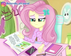 Size: 1080x854 | Tagged: safe, artist:fluttershy_art.nurul, imported from derpibooru, angel bunny, fluttershy, equestria girls, book, cellphone, clothes, female, fluttershy's bedroom, hairpin, indonesia, male, no nose, pajamas, phone, smartphone, solo, solo focus, studying, tired