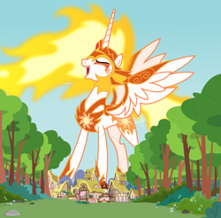 Size: 1920x1893 | Tagged: safe, artist:chrzanek97, artist:thegiantponyfan, imported from derpibooru, daybreaker, alicorn, pony, crown, female, giant alicorn, giant daybreaker, giant pony, giantess, jewelry, macro, mane of fire, mare, mega daybreaker, mega giant, ponyville, regalia