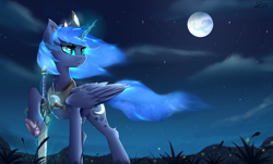 Size: 3560x2150 | Tagged: safe, artist:singovih, imported from derpibooru, princess luna, alicorn, firefly (insect), insect, pony, cloud, crown, ethereal mane, fantasy class, female, field, full moon, galaxy mane, glow, glowing, glowworm, grass, high res, hoof shoes, horn, jewelry, magic, mare, moon, night, night sky, nightmare luna, regalia, sky, slit pupils, solo, starry mane, starry night, stars, sword, warrior, weapon, windswept mane, wings