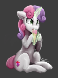 Size: 1500x2000 | Tagged: safe, artist:raphaeldavid, imported from derpibooru, sweetie belle, pony, unicorn, atg 2021, cute, diasweetes, female, filly, food, frog (hoof), ice cream, magic, newbie artist training grounds, open mouth, solo, this will end in brain freeze, this will end in pain, underhoof