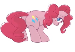 Size: 1024x714 | Tagged: safe, artist:kurogewapony, imported from derpibooru, pinkie pie, earth pony, pony, cute, diapinkes, looking at you, looking back, looking back at you, ponk, simple background, smiling, solo, white background