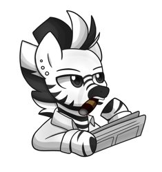 Size: 2986x3176 | Tagged: artist needed, safe, imported from derpibooru, oc, oc only, oc:noir et blanc, semi-anthro, zebra, cigar, high res, investigator, newspaper, solo