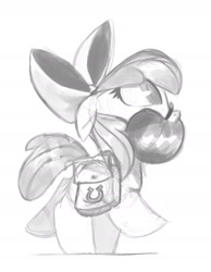 Size: 1280x1646 | Tagged: safe, artist:talonsofwater, imported from derpibooru, apple bloom, earth pony, pony, adorabloom, apple, bag, cute, female, filly, food, herbivore, saddle bag, sketch, solo