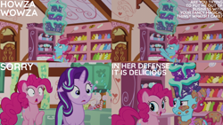 Size: 1280x720 | Tagged: safe, edit, edited screencap, editor:quoterific, imported from derpibooru, screencap, cup cake, pinkie pie, starlight glimmer, earth pony, pony, unicorn, no second prances, season 6, cake, cup cake is not amused, female, food, frown, gritted teeth, magic, mare, mrs. cake is not amused, open mouth, open smile, smiling, sugarcube corner, talking, telekinesis, trio, trio female, unamused, wide eyes