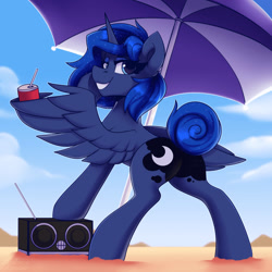 Size: 1750x1750 | Tagged: safe, artist:shadowreindeer, imported from derpibooru, princess luna, alicorn, pony, alternate hairstyle, beach, beach umbrella, butt, female, grin, looking at you, looking back, looking back at you, mare, moonbutt, outdoors, plot, pop can, radio, short mane, smiling, smiling at you, soda, soda can, solo, straw, tail bun, umbrella, wing hands, wings