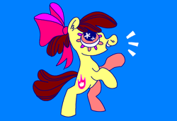 Size: 1280x875 | Tagged: safe, artist:msponies, imported from derpibooru, apple bloom, earth pony, pony, alternate cutie mark, apple bloom's bow, blue background, bow, female, filly, foal, g4, hair bow, ms paint, open mouth, open smile, rearing, simple background, smiling, solo, the cmc's cutie marks