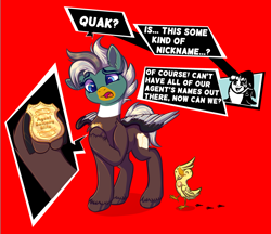 Size: 1850x1600 | Tagged: safe, artist:banoodle, imported from derpibooru, oc, oc:dolan, oc:duk, oc:santa pone, bird, duck, badge, comic, confused, persona 5, quack, quak