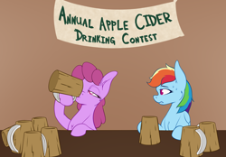 Size: 1752x1216 | Tagged: safe, artist:aquaticvibes, imported from derpibooru, berry punch, berryshine, rainbow dash, earth pony, pegasus, apple cider, atg 2021, chest fluff, drinking contest, female, mare, newbie artist training grounds, sweat, sweatdrops, that pony sure does love cider, that pony sure does love drinking, this will end in sickness