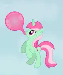 Size: 2083x2459 | Tagged: safe, artist:thatusualguy06, imported from derpibooru, minty bubblegum, pony, unicorn, atg 2021, bubblegum, flying, food, gum, high res, newbie artist training grounds, show accurate, sky, solo, vector