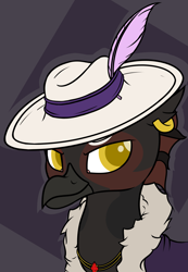 Size: 2715x3915 | Tagged: safe, artist:thehuskylord, imported from derpibooru, oc, oc only, oc:a pimp named buckback, hippogriff, ponyfinder, bust, colored pupils, dungeons and dragons, feather, hat, high res, pen and paper rpg, portrait, rpg, say the whole name, solo