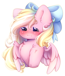 Size: 2000x2329 | Tagged: safe, artist:sweesear, imported from derpibooru, oc, oc only, oc:bay breeze, pegasus, pony, blushing, bow, chest fluff, chibi, cute, ear fluff, eyes closed, female, fluffy, hair bow, high res, mare, ocbetes, pegasus oc, simple background, solo, white background, wings