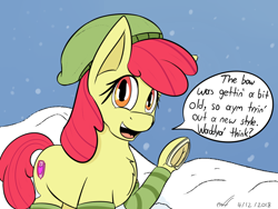 Size: 1024x768 | Tagged: safe, artist:woofyhoundisdead, imported from derpibooru, apple bloom, earth pony, pony, alternate accessories, beanie, female, filly, frog (hoof), hat, horseshoes, leg warmers, looking at you, one hoof raised, open mouth, open smile, raised hoof, smiling, snow, solo, speech bubble, underhoof