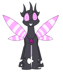 Size: 1525x1735 | Tagged: safe, artist:moonatik, imported from derpibooru, oc, oc only, changeling, changeling oc, commission, female, grin, hypnosis, implied hypnosis, looking at you, purple changeling, simple background, smiling, solo, spread wings, transparent background, wings