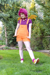 Size: 400x600 | Tagged: safe, artist:tomecko, imported from derpibooru, scootaloo, human, clothes, cosplay, costume, irl, irl human, overalls, photo, shoes, sneakers, solo