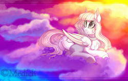 Size: 3000x1899 | Tagged: safe, artist:mediasmile666, imported from derpibooru, oc, oc only, pegasus, pony, butt, choker, clothes, cloud, dock, female, folded wings, looking back, lying down, mare, plot, rear view, sky, smiling, socks, solo, thigh highs, two toned wings, underhoof, wings