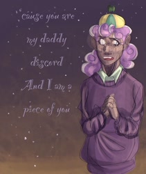 Size: 1080x1278 | Tagged: safe, artist:nikek_doodles, imported from derpibooru, screwball, human, clothes, daddy discord, dark skin, doodle, hat, humanized, implied discord, propeller hat, quote, sweater, swirly eyes, youtube link