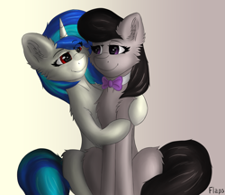 Size: 2869x2475 | Tagged: safe, artist:flapstune, imported from derpibooru, dj pon-3, octavia melody, vinyl scratch, earth pony, pony, unicorn, bowtie, cheek fluff, chest fluff, duo, duo female, ear fluff, female, fluffy, gradient background, high res, hug, lesbian, mare, purple eyes, red eyes, scratchtavia, shipping, signature, simple background, smiling, two toned mane