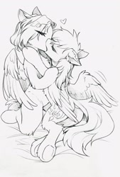 Size: 1386x2048 | Tagged: safe, artist:swaybat, imported from derpibooru, oc, oc only, oc:lunaargebris, oc:nemolongjing, pegasus, pony, kissing, pegasus oc, wings