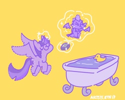 Size: 946x758 | Tagged: safe, artist:artsycatnip, imported from derpibooru, spike, twilight sparkle, alicorn, dragon, pony, bathtub, eyes closed, flying, magic, mama twilight, rubber duck, smiling, spread wings, telekinesis, twilight sparkle (alicorn), unamused, winged spike, wings