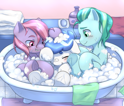 Size: 5545x4774 | Tagged: safe, artist:aquoquoo, imported from derpibooru, frosty quartz, lavender bunch, topaz gleam, crystal pony, earth pony, pony, absurd resolution, bath, bathroom, bathtub, bubble bath, claw foot bathtub, colt, foal, frog (hoof), male, trio, underhoof