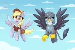 Size: 4096x2731 | Tagged: safe, artist:confetticakez, imported from derpibooru, derpy hooves, gabby, griffon, pegasus, pony, atg 2021, bag, clothes, cute, derpabetes, duo, duo female, eyes closed, female, flying, gabbybetes, hat, high res, mailbag, mailmare, mare, newbie artist training grounds, open mouth, open smile, saddle bag, shirt, sky background, smiling