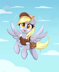 Size: 3253x4000 | Tagged: safe, alternate version, artist:confetticakez, imported from derpibooru, derpy hooves, pegasus, pony, bag, clothes, cute, derpabetes, female, flying, hat, high res, mailbag, mailmare, mare, newbie artist training grounds, open mouth, open smile, saddle bag, shirt, sky background, smiling, solo