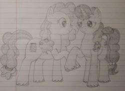 Size: 1280x936 | Tagged: safe, artist:essentialsingularity, imported from derpibooru, pear butter, sugar belle, cute, duo, holding hooves, newbie artist training grounds, pencil drawing, puffy mane, traditional art, unshorn fetlocks