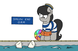 Size: 2208x1448 | Tagged: safe, artist:bobthedalek, imported from derpibooru, dj pon-3, octavia melody, vinyl scratch, pony, asphyxiation, atg 2021, beach ball, clothes, drowning, epic fail, fail, hat, newbie artist training grounds, silly, silly pony, striped swimsuit, surprised, swimming pool, swimsuit, too dumb to live, water wings