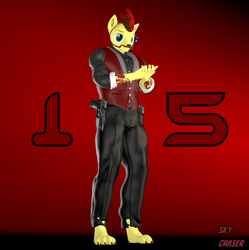 Size: 1074x1080 | Tagged: safe, artist:sky chaser, imported from derpibooru, oc, oc only, oc:sky chaser, anthro, wolf, wolf pony, 3d, agent, beard, clothes, dual pistols, facial hair, gun, handgun, looking at you, male, paws, pistol, solo, source filmmaker, tattoo, weapon