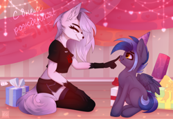 Size: 3140x2160 | Tagged: safe, artist:elektra-gertly, imported from derpibooru, oc, oc only, oc:pixi feather, anthro, pegasus, pony, birthday, boop, clothes, commission, cyrillic, dialogue, duo, furry, furry oc, glasses, happy, hat, high res, kneeling, loona (helluva boss), party hat, pegasus oc, present, sitting, smiling, stockings, thigh highs, tongue out