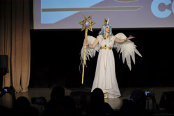 Size: 6103x4068 | Tagged: safe, imported from derpibooru, princess celestia, human, 2021, clothes, convention, cosplay, costume, cyrillic, dress, irl, irl human, newbronycon, photo, rubronycon, russian, staff, sun