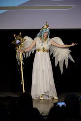 Size: 4037x6056 | Tagged: safe, imported from derpibooru, princess celestia, human, 2021, clothes, convention, cosplay, costume, cyrillic, dress, irl, irl human, newbronycon, photo, rubronycon, russian, staff, sun