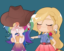 Size: 500x398 | Tagged: source needed, safe, artist:feifeiyouji, imported from derpibooru, applejack, rainbow dash, human, appledash, bracelet, clothes, cute, dress, ear piercing, earring, eyes closed, female, flower, hat, humanized, jewelry, lesbian, piercing, rose, shipping, simple background, sleeveless, smiling