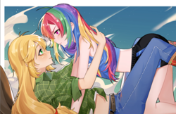 Size: 658x427 | Tagged: source needed, safe, artist:feifeiyouji, imported from derpibooru, applejack, rainbow dash, human, appledash, female, humanized, lesbian, shipping, sleeveless