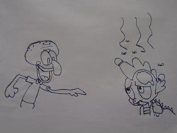 Size: 1032x774 | Tagged: safe, artist:spikeabuser, imported from derpibooru, spike, dragon, abuse, black and white, drawing, fools in april, grayscale, male, monochrome, op is a duck, prank, scene interpretation, shitposting, spikeabuse, spongebob squarepants, squidward tentacles, trash