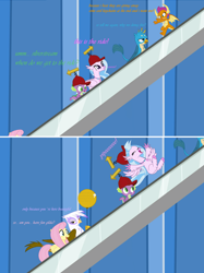 Size: 3000x4010 | Tagged: artist needed, safe, imported from derpibooru, fluttershy, gallus, gilda, silverstream, smolder, spike, dragon, griffon, hippogriff, pegasus, pony, balloon, dialogue, escalator, escalator land, female, gildashy, happy, hat, high res, lesbian, male, mare, party balloon, shipping, stairs, that hippogriff sure does love stairs, the fairly oddparents