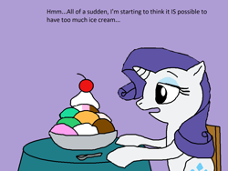Size: 2000x1500 | Tagged: safe, artist:blazewing, imported from derpibooru, rarity, unicorn, atg 2021, bowl, chair, cherry, colored background, drawpile, food, hooves on the table, ice cream, newbie artist training grounds, rarity looking at food, spoon, sundae, table, text, that pony sure does love ice cream, whipped cream