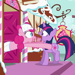 Size: 1080x1080 | Tagged: safe, imported from derpibooru, screencap, pinkie pie, twilight sparkle, earth pony, pony, unicorn, baby cakes, season 2, cropped, diaper, diaper on head, duo, female, mare, open mouth, unicorn twilight