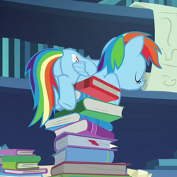 Size: 450x450 | Tagged: safe, imported from derpibooru, screencap, rainbow dash, pegasus, pony, season 7, shadow play, book, butt, cropped, eyes closed, female, mare, plot, rainbutt dash, sleeping, solo