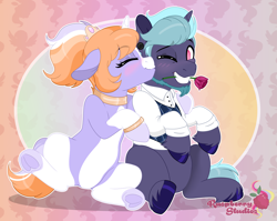 Size: 2490x1980 | Tagged: safe, artist:raspberrystudios, imported from derpibooru, oc, oc only, pony, unicorn, beard, bracelet, cheek kiss, clothes, commission, couple, eyes closed, facial hair, female, flower, high res, hooves, horn, jewelry, kiss on the cheek, kissing, male, mare, multicolored hair, necklace, one eye closed, rose, stallion, tiara, unicorn oc, unshorn fetlocks, wink