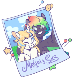 Size: 700x745 | Tagged: safe, artist:lavvythejackalope, imported from derpibooru, oc, oc only, alicorn, pegasus, pony, alicorn oc, commission, duo, grin, hoof hold, horn, multicolored hair, one eye closed, pegasus oc, rainbow hair, selfie, simple background, smiling, transparent background, wings, wink, ych result