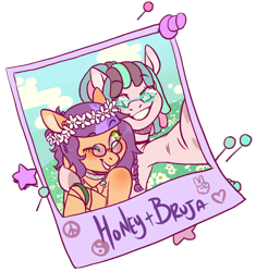 Size: 700x745 | Tagged: safe, artist:lavvythejackalope, imported from derpibooru, oc, oc only, earth pony, pony, bracelet, choker, commission, duo, earth pony oc, floral head wreath, flower, glasses, grin, hoof hold, jewelry, one eye closed, selfie, simple background, smiling, transparent background, wink, ych result